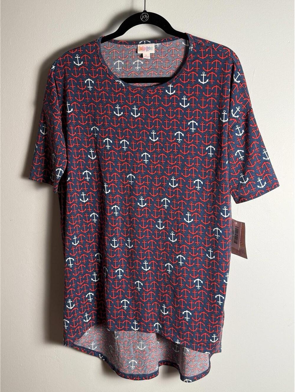 LuLaRoe Irma Tunic Top High Low Loose Anchors USA 4th of July America Small NWT